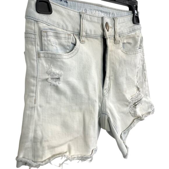American Eagle Hi Rise Shortie Distressed Light Blue Wash Raw Hem Shorts sz 00 - Picture 3 of 16